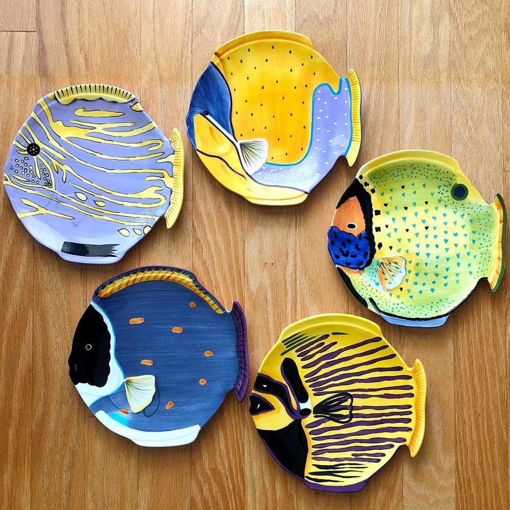 STUDIO NOVA Tropical Reef Fish Set of 5 different ~10" ceramic plates; Perfect